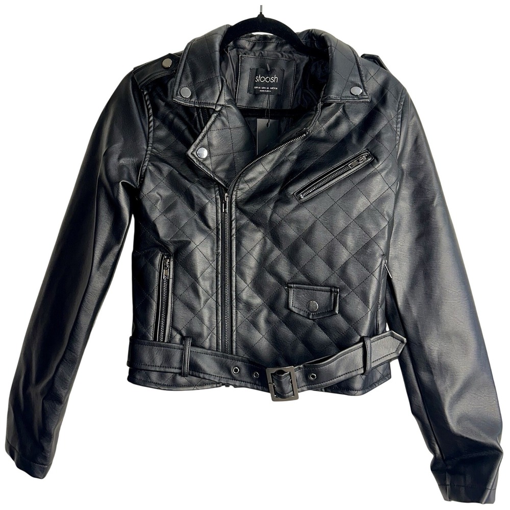 Stoosh Women Size M Faux Leather Moto Jacket Zippers Fitted Cropped Black Womens